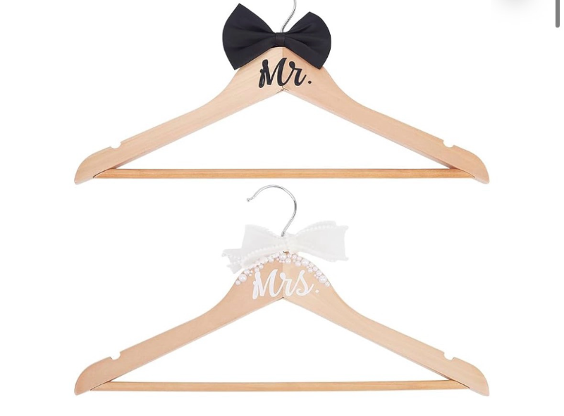 lot 5715 image: 2 Pcs Mr and Mrs Hangers Bride Hanger Wedding Dress Grooms Attire Hanger Elegant Wooden Rack Hangers Set with Bow Tie for Wedding Dress Tuxedo Suit Bride Gift