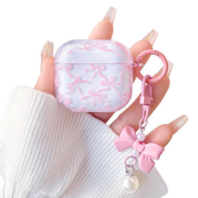 lot 5749 image: Lovmooful Compatible for AirPods 3rd Case Cute Clear Ribbon Bowknot with Lovely Pearl Chain Design for Women Girls Soft TPU Shockproof Protective Cover Case for Airpods 3 - Pink