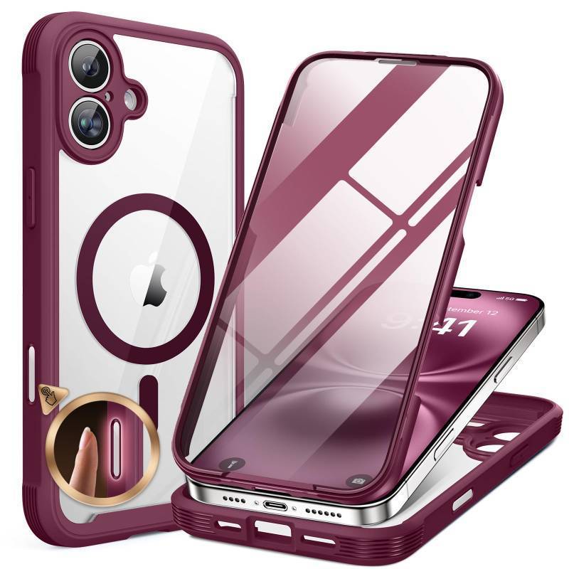 lot 5786 image: Miracase for iPhone 16 Case 6.1, Bubble Free Full-Body Bumper Phone case with Built-in Full Glass Screen &Lens Protector,No Gap,Compatible with MagSafe,Drop Proof 16 Cover, Plum