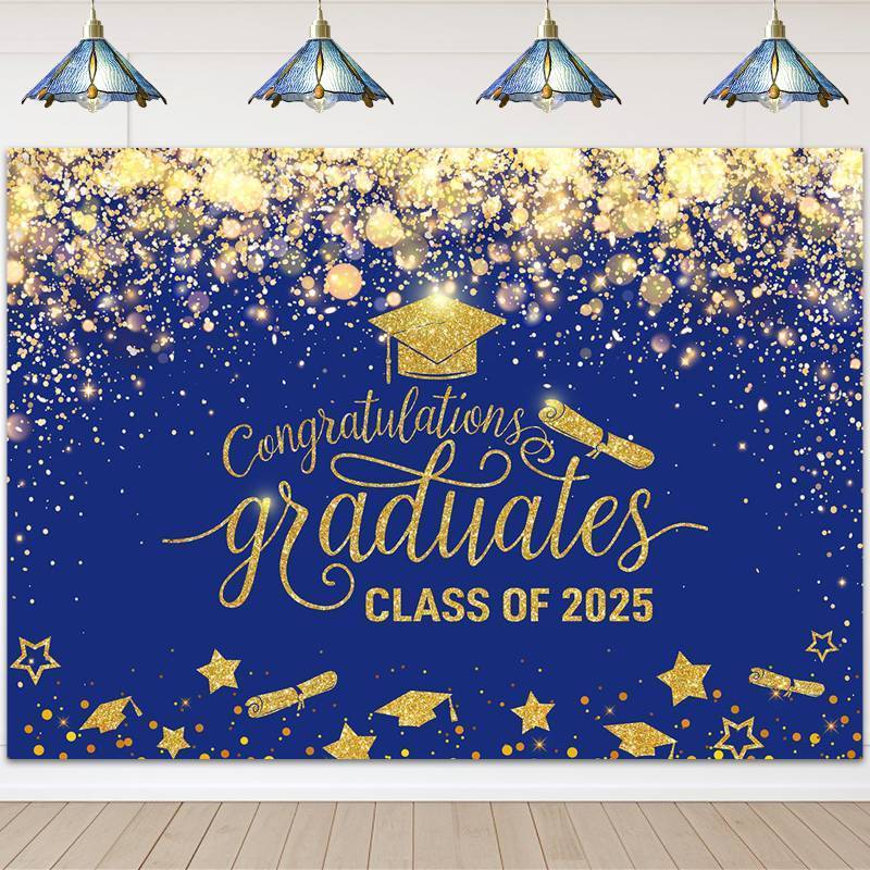 lot 5809 image: Avezano 8x6ft Graduation Backdrop Navy Blue and Gold Class of 2025 Backdrops Congrats Grad Party Banner Graduation Party Decorations