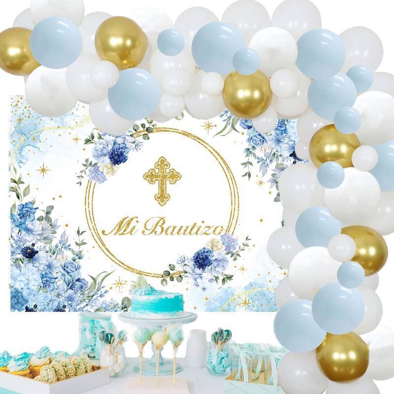 lot 6011 image: Baptism Party Decorations with Mi Bautizo Backdrop Banner,Blue Gold Baptism Balloon Garland Arch Kit for First Holy Communion Party Baby Shower Supplies (Blue)