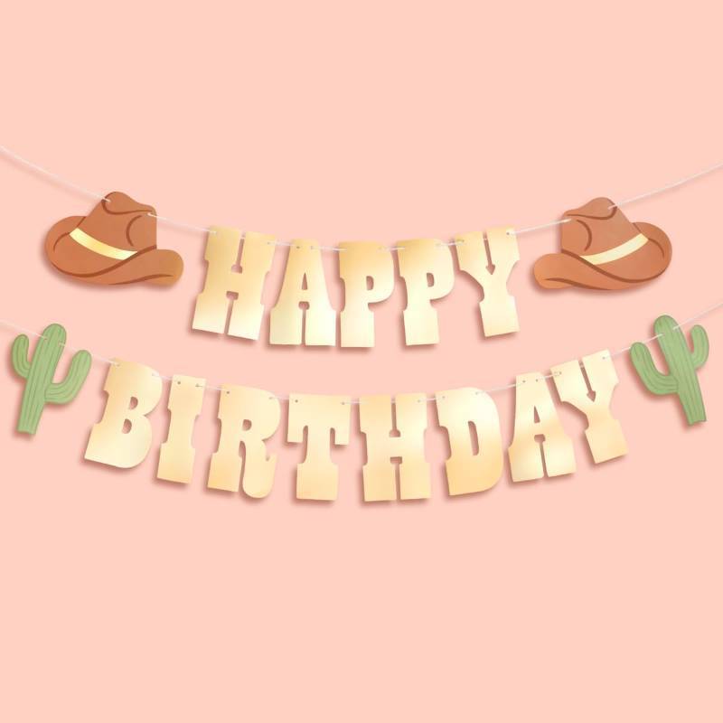 lot 2007 image: xo, Fetti Western Happy Birthday Gold Foil Banner - 5 Ft.  Cowboy HBD Decorations, Wild West Garland, Rodeo Supplies, Wild One Yeehaw Bday, Cowgirl Decor, Cactus Howdy Photobooth Backdrop - Retail $13