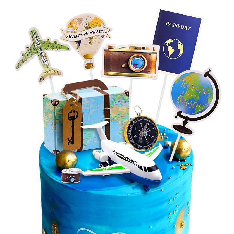 lot 2013 image: Rismise Travel Theme Cake Toppers Travel Cake Decoration Adventure Travel Cake Cupcake Toppers Airplane Map Camera Heart Mini Suitcase Cake Decorations for Adventure Awaits Travel Themed Party - Retail $9