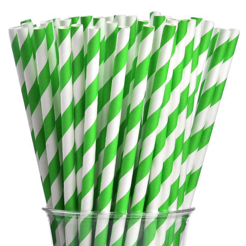 lot 2153 image: ALINK 100 Green and White Striped Paper Straws, Biodegradable Disposable Drinking Straws for Smoothie, Brithday, New Year, Party Decoration Supplies - Retail $7