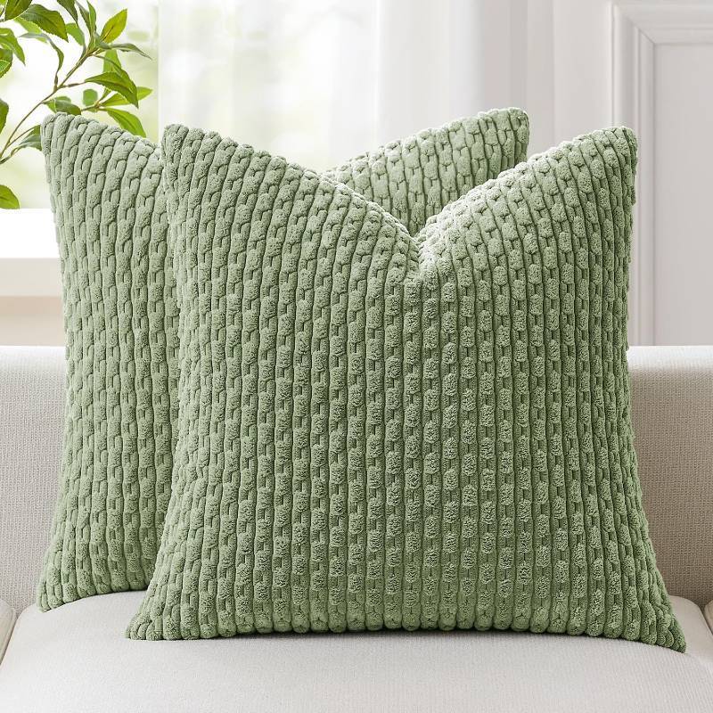 lot 2168 image: Kevin Textile 2 Packs Spring Decorative Throw Pillow Covers 18x18 Inch for Living Room Couch Bed Spring Sofa Soft Striped Corduroy Square Cushion Case 45x45 cm Farmhouse Boho Home Decor Sage Green - Retail $9