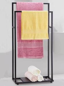 lot 3002 image: Towel Racks for Bathroom, 39 Tall 2 Tier Bathroom Towel Stand with Storage Shelves, Modern Standing Pool Drying Rack for Outdoor, Black, ALHAKIN - Retail $36