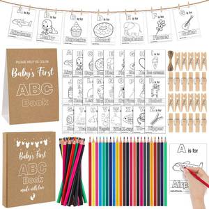 lot 3024 image: Quzzil Kraft Paper First ABC Book Baby Shower Activity Keepsake for Adult Baby Shower ABC Coloring Guest Book Alternative 26 Alphabet a to Z Coloring Card with 24 Pencils 60 Clothespins - Retail $21