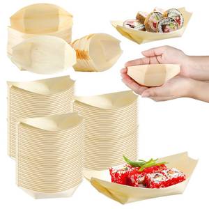 lot 3026 image: Hoolerry 300 Pcs Disposable Wood Boat Plates Dishes 4 Inches Bamboo Plates Sushi Boat Disposable Bamboo Leaf Dish Serving Tray Food Container Wood Bowl For Catering Home - Retail $22