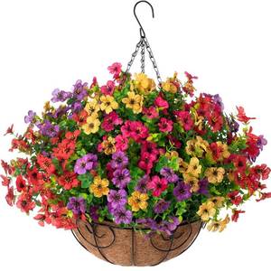 lot 3059 image: HyeFlora Artificial Faux Hanging Plants Flowers Basket for Summer Outdoor Outside Decoration, Fake Silk UV Sun Resistant Look Real Colorful Daisy Eucalyptus for Porch Home Patio Balcony Yard - Retail $40