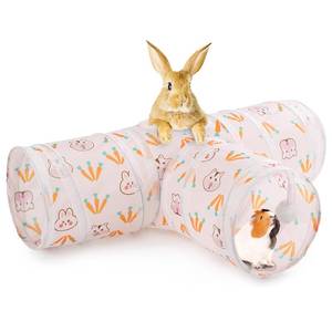 lot 3064 image: HERCOCCI Rabbit Toys, Bunny Tunnels & Tubes, Collapsible 3 Way Rabbit Hideout Tunnel with Chew Toys for Bunny Guinea Pig Ferret Kitten - Retail $10