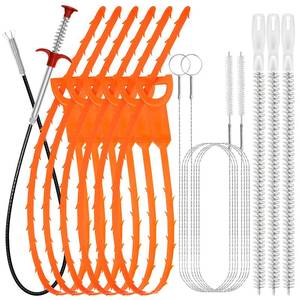 lot 3066 image: 12 Pack Drain Clog Removers Tool, Includes 6 25 Hair Removal Strips, 1&nbsp 25 Stainless Steel Grabber, 2&nbsp 59 and 3&nbsp 18 Pipe Brushes for Shower Drain, Bathroom Sink &amp Bathtub - Retail $9
