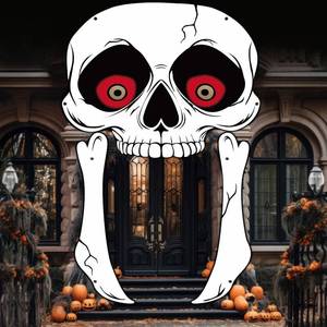 lot 3068 image: Large Halloween Skulls Party Door Banner Cover Creepy Hanging Decor Gothic Horror Human Skeleton Porch Background Trunk or Treat Car Decor for Haunted House Eve Party Photo Booth Props Favor Supplies - Retail $8