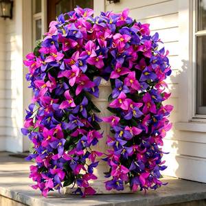lot 3087 image: Fake Bougainvillea Artificial Hanging Flowers, 2 PCS Outdoor faux Plants UV Resistant Realistic Silk Long Trailing Vines for Door Porch Outside Planter Urn Patio Garden Yard Dec,Dark Light Purple - Retail $17