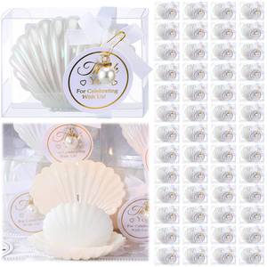 lot 3089 image: Conelist 50 Sets Seashell Candle Wedding Gift Favors Scented Candles with Clear Plastic Box, Pearl, Gift Tag, Ribbon Beach Wedding Party Favor Thank You Gifts for Guest Bridal Shower (White Ribbon) - Retail $82