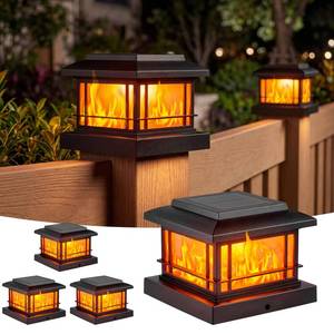 lot 3098 image: JOFIOS Flickering Flame Solar Post Cap Lights Outdoor, Black Post Lights with 3 Color Temperature, Fits 3.5 4 4.5 5 WoodVinyl Posts, IP64 Waterproof Fence Deck Lights for Garden Patio Yard 4 Pack - Retail $35
