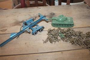 lot 1169 image: Vtg. Metal Toy Boat Trailer and More