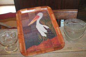 lot 1211 image: Vtg. Pelican Wood Serving Tray, Glass Ice Bucket & More