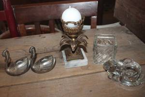 lot 1214 image: Vtg. Brass Swan Candlestick Holders & More