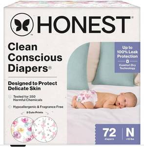 lot 16992 image: The Honest Company Comfort Dry Disposable Daytime Diapers for Sensitive Skin, Hypoallergenic, Rose Blossom  Tutu Cute, Club Box Size Newborn 72 Count - Retail $30