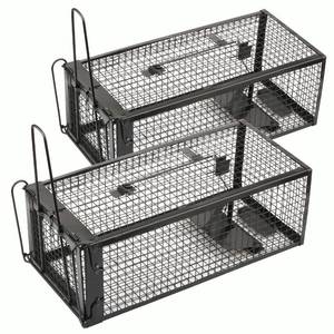 lot 16994 image: 2-Pack Rat Traps Humane Live Mouse Vole Chipmunk Trap Cage for Indoors and Outdoors (Black) - Retail $40