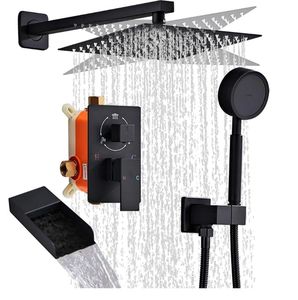 lot 17001 image: Matte Black Shower System With Tub Spout Faucet Set, Wall Mounted 10 Inch Shower Heads with Handheld Spray Combo and Tub Shower Faucet, Luxury Bathroom Square Rain Shower System - Retail $99