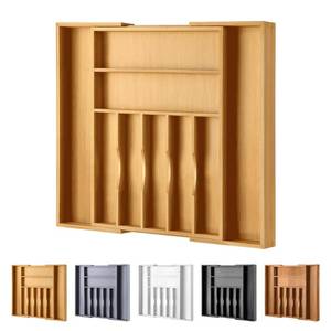 lot 17005 image: Large Premium Bamboo Silverware Organizer - Expandable Drawer Organizer & Utensil Organizer - 17x19.7 Cutlery Tray with Dividers for Kitchen Utensils and Flatware (7-9 Slots) (Natural) - Retail $28