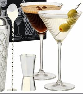 lot 17014 image: Ribbed Martini Glasses Set of 4  Silver Bar Tools - 10oz Cocktail Glasses  Espresso Martini, Margarita, Manhattan, Cosmopolitan - Art Deco Cocktail Gift Set  Ideal for Martinis - Retail $40