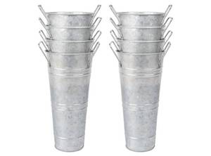 lot 17018 image: Small Galvanized Flower Bucket 8 Pack��9 Height, 4.3 Top Opening��Tabletop Size for Flower Buckets for Flower Bar Supplies, Bloom Bar Supplies��Metal Floral Buckets. ONE HAS DAMAGE at the TOP. - Retail $43