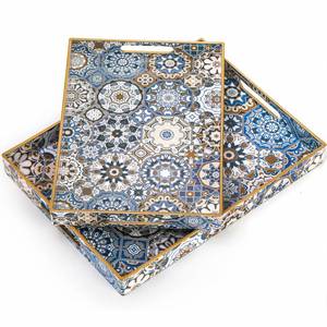lot 17020 image: Set of 2 Decorative Serving Trays with Handles, Boho Tea Trays Ottoman Trays for Serving, Modern Plastic Coffee Table Tray for Living Room, Kitchen, Bathroom, Rectangle, Blue - Retail $25