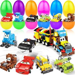 lot 16721 image: 12 Pack 3 Large Filled Easter Eggs with Stem Toy Cars Kids Easter Basket Essential Plastic Surprise Egg Building Blocks 6 in 1 Transform Construction Vehicle Basket Stuffers Boy Egg Hunt Party Favor - Retail $20