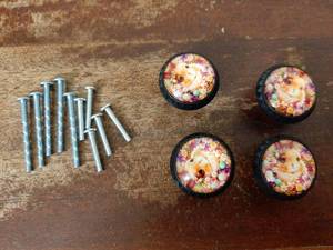 lot 16740 image: 4 Pack Bunny with Happy Easter Ribbon Cabinet Knobs Round Drawer Pulls Black Dresser Knob Cupboard Door Handles Hardware for Kitchen Bathroom Cabinets - Retail $15