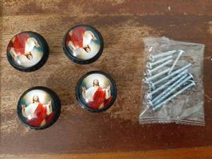 lot 16742 image: 4 Pack Jesus Christ Cabinet Knobs Round Drawer Pulls Cross Knob Cupboard Door Handles Hardware for Kitchen Bathroom Cabinets - Retail $10