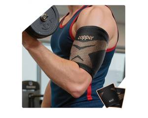 lot 16745 image: Copper Bicep Tendonitis Brace Medical-Grade �� Ultra Comfort Upper Arm Brace Tricep Bicep Compression Sleeve for Muscle Strains Recovery and Inflammation - Fit for Men & Women 1 Pair - Retail $10