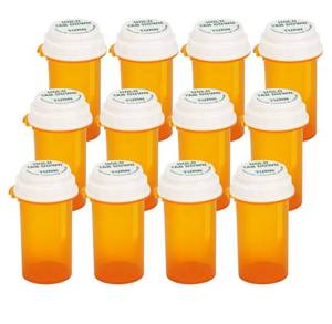 lot 16783 image: Prescription Reversible Thumb Tab Vials, Medicine Container, Pill Bottle, Prescription Pharmacy Vials Reversible Cap with Animal Pet Resistant (not Child Resistant) Open (10 Dram, 12pcs) - Retail $14