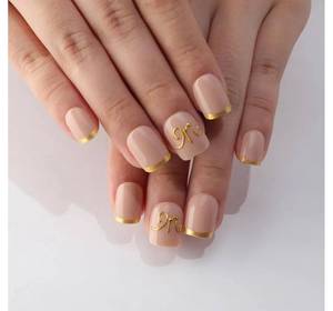 lot 16787 image: 3D Letter M Birthday Press On Nails, Gold French Tip Extra Short Square Reusable Soft Gel Fake Nails,Trendy Personalized Glossy Acrylic False Nails Personalized Gift for Women Birthday Party - Retail $8