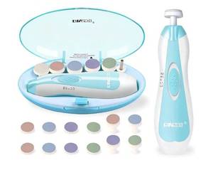 lot 16793 image: Baby Nail Trimmer Electric, Easy & Safe Nail File for Newborn Infant Toddler, Whisper-Quiet Nighttime Use, 4-Stage Age-Matched Grinding Heads, LED Light, 18-Piece Kit, Blue, Baby Shower Gift - Retail $13
