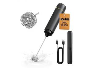 lot 16836 image: Rechargeable Milk Frother Handheld, Dual Coil Whisk Head Electric Coffee Frother, Portable Hand Frother Wand Drink Mixer for Matcha Lattes Cappuccino, Kitchen Gifts, Black - Retail $10