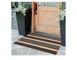 lot 16852 image: Front Door Mat Outdoor 24x35 Washable Front Door Rug Black and Tan Entry Rug Indoor Outdoor Rugs Doormat Cotton Woven Striped Small Area Rugs for PorchBathroomFarmhouseHome Entrance - Retail $16