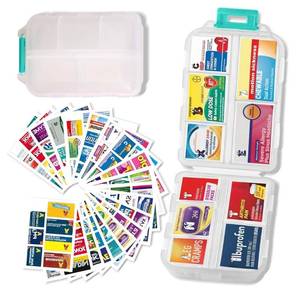 lot 16857 image: Pill Organizer With Medicine Labels - 7 Day Travel Daily Container, Mini Medication Storage Case, White With 161 Labels - Retail $5