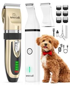 lot 16862 image: Dog Clippers and Paw Trimmer Kit 2 in 1 Low Noise Cordless Dog Clippers for Grooming Pet Hair Trimmers for Small and Large Dogs Cats Animals - Retail $57