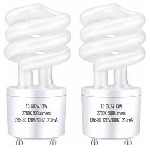 lot 16865 image: 13Watt 2700K 900lm CFL Light Bulbs, T3 Spiral Gu24 Base 2 Prong (60W Equivalent) Soft White Compact Fluorescent Light Bulbs, UL Approved, 120v 60Hz, Self Ballasted, Indoor Use (2 Pack) - Retail $13
