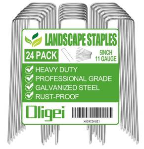 lot 16872 image: 24 Pack Garden Stakes, U-Shaped Tent Stakes, Galvanized Landscape Staples, Ground Stakes, for Landscaping Securing Weed Barrier Fabric, Irrigation Tubing, Holding Fence, Tarpaulin - Retail $6