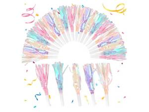 lot 16889 image: 30 Pieces Colorful Noisemakers Blowouts Horns, Glitter Metallic Fringed Whistles and Streamers,for Birthday Party Favors, Graduation,New Years Accessory, Sports,Mermaid Supplies (Pastel Colors) - Retail $9