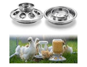 lot 16899 image: 2 Pcs Baby Chick Feeder and Waterer Base, Galvanized Steel Feeding Tray with 8 Holes, 1 Quart Compatible with Mason Jars & Standard Jars for Small Birds Chicks(Feeder and Waterer) - Retail $24