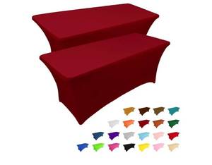 lot 16913 image: 2 Pack 6FT Table Cloth for Rectangular Fitted Events Stretch Burgundy Table Covers Washable Spandex Tablecloth Protector for Party, Wedding, Cocktail, Banquet, Festival - Retail $27