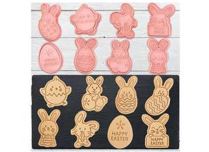 lot 16935 image: 8 Mini Bunny Cookie Cutters, 3d Raised Cute Rabbit Design Cookie Stamps, Mini Funny Easter Egg Molds, Easters Ornament Cookie Cutter Set - Retail $8