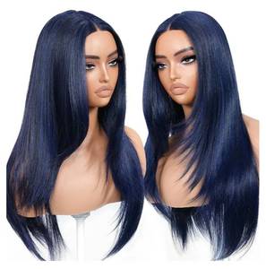 lot 16943 image: BrownBomb Dark Blue Wear and Go Glueless Wigs Pre Plucked Pre Cut for Beginners Synthetic Lace Front Wig for Woman Long layered Straight Wigs with Bangs 26 Inch 3 Seconds to Wear for Beginners - Retail $45