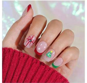 lot 16953 image: Christmas Press On Nails Short - Jofay Fashion French Tip Press On Nails Square for Gifts, Stick On Nails with Glue, Glossy Reusable Nail Tips in 16 Sizes - 32Pcs Soft Gel Fake Nails Kit - Retail $10