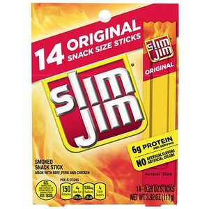 lot 16956 image: Slim Jim Snack-Sized Smoked Meat Stick, Original Flavor, .28 Oz. 14-Count - Retail $5