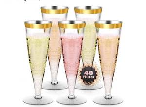 lot 16981 image: Plastic Champagne Flutes Gold Rim Disposable Wine Glasses - 40 Pack 4.5 Oz Mimosa Glasses Bulk Cocktail Cups for Wedding Bride Bar Soccer Football Party Supplies, Copas De Plastico Para Brindis - Retail $16